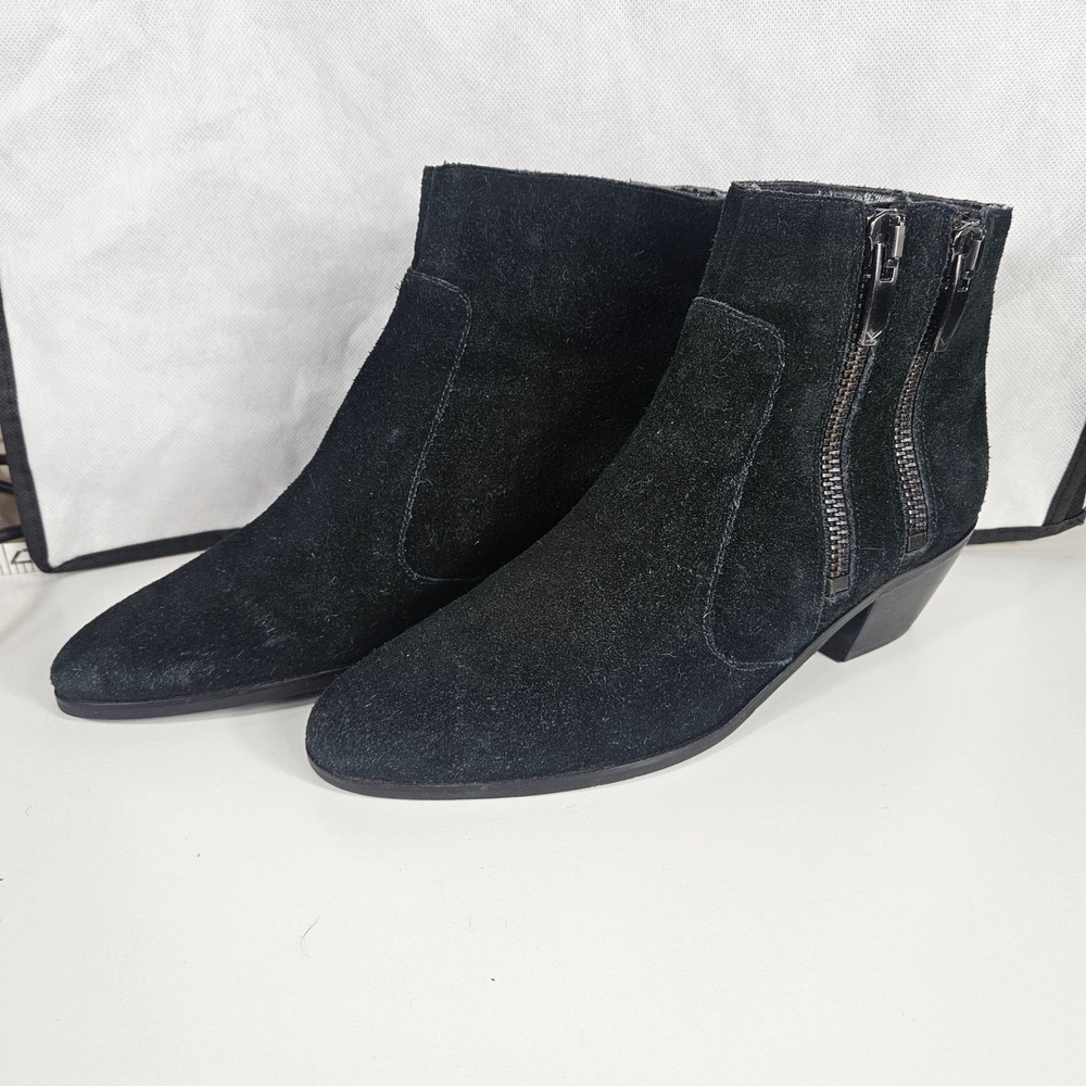 Via Spiga Black Suede Double Zip Ankle Boots Womens 8M Pointed Toe Low Heel